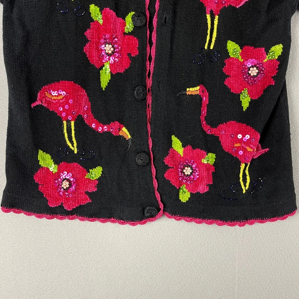 复古维多利亚港火烈鸟开衫女式大号花卉亮片串珠艺术 — 第 3/4 张图片