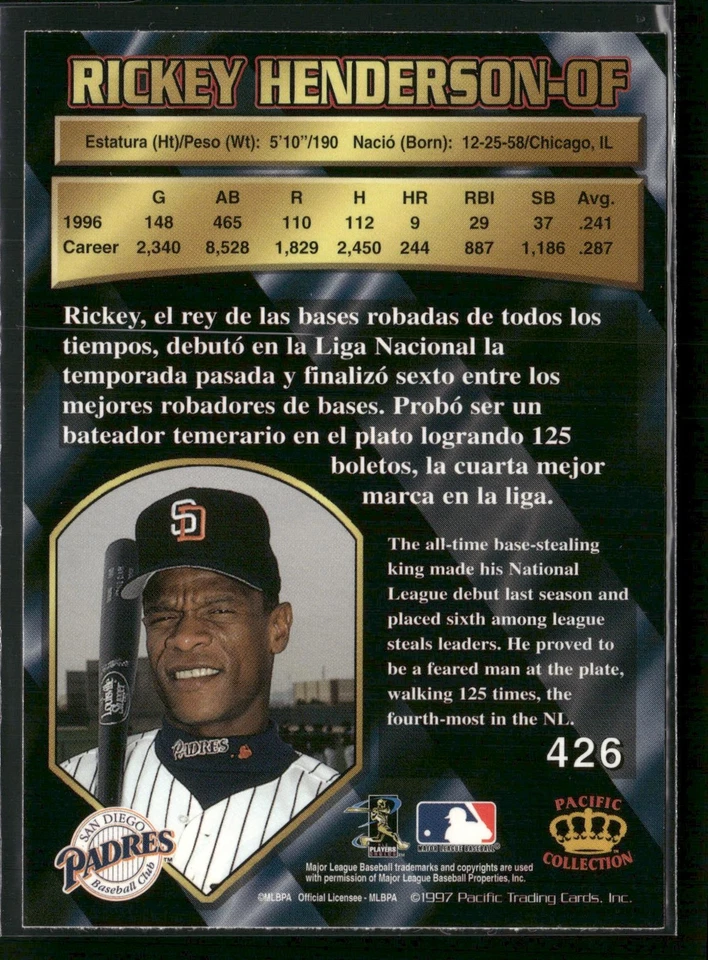 Rickey Henderson 1997 Pacific Crown Collection #426 San Diego Padres - Image 2 of 2