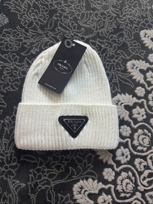 PRADA Beanie Mütze Weiß Mit Schwarz Logo