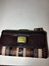 Fossil Large Genuine Leather Wallet Vintage Brown Distressed Look colorful strip