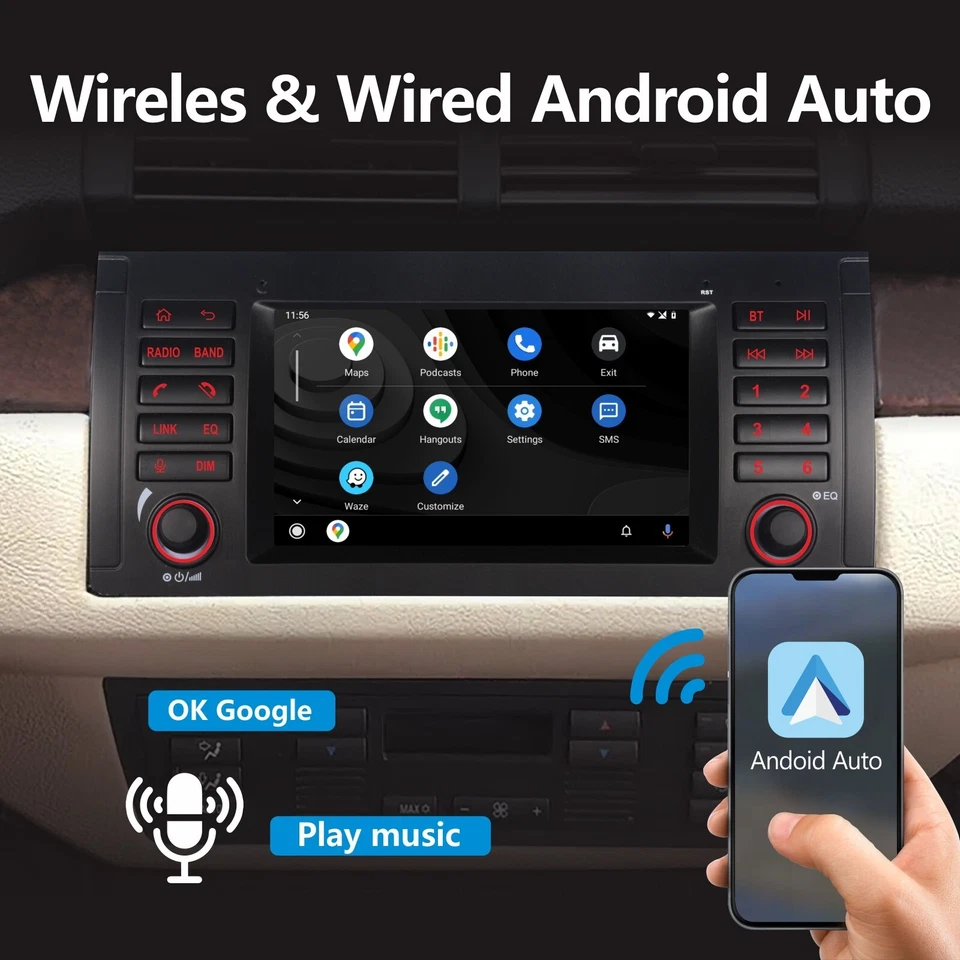 Radio IPS estéreo para automóvil RDS BT Android Auto CarPlay AirPlay BMW E39 X5 serie 5 Foto 3 de 4