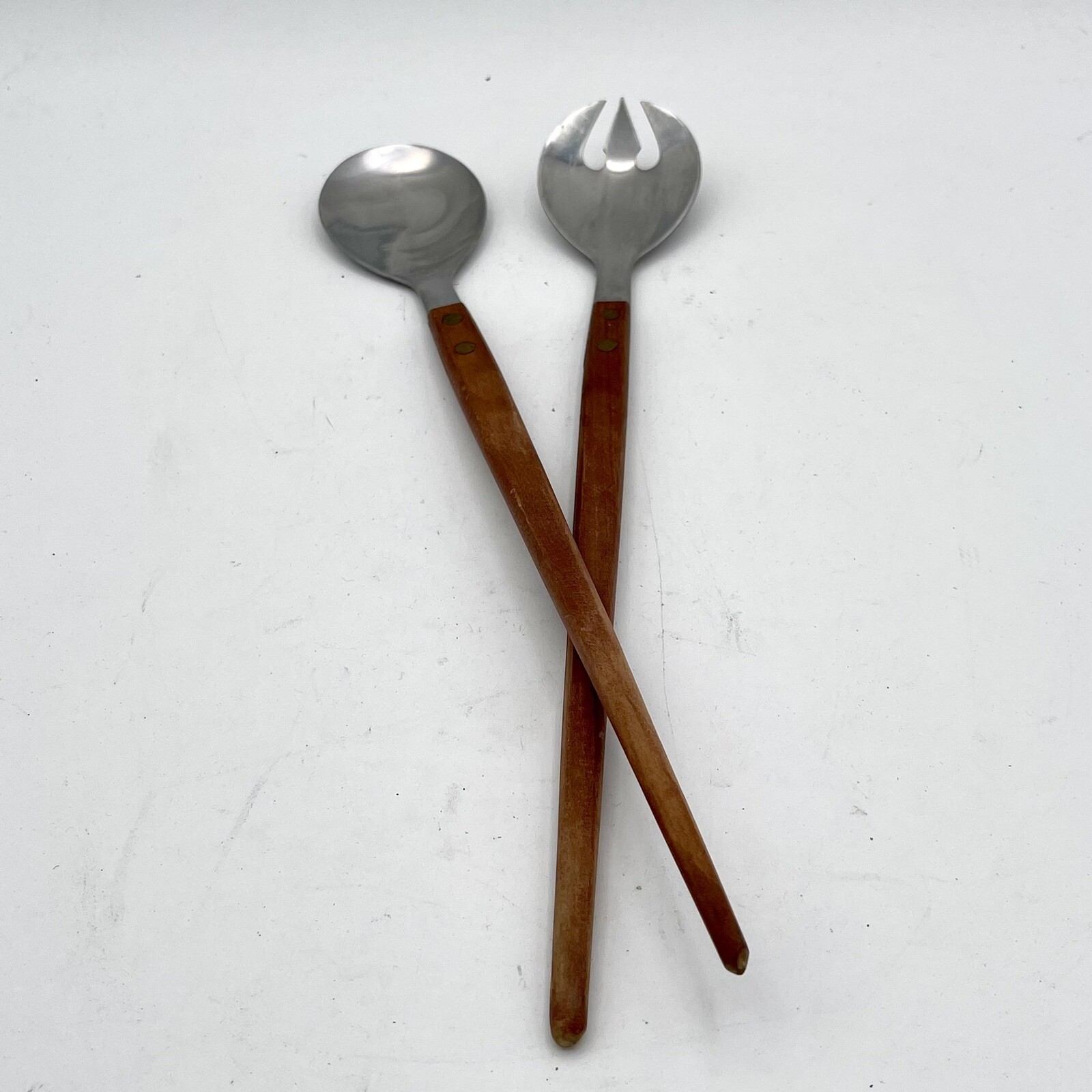 Vintage Arnart Mid Century Wood Handle Salad Fork Spoon Set Made in