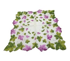 Vintage Green  Purple Leaves Scalloped Edge 13" Handkerchief