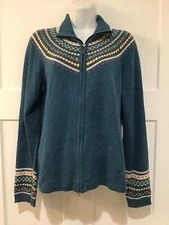 Columbia Fair Isle Sweater Angora Cotton Blend Blue Holiday Full Zip Size M