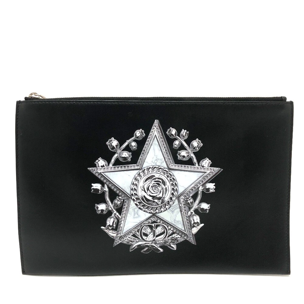 DIOR HOMME Star x Rose Peinture Sac Plat Pochette Cuir Noir/Argent Matériel