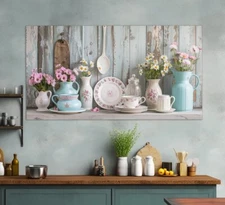 Rustic Kitchen Set with Flowers Simple Wall Art Canvas Unframed Print Art
