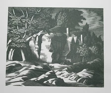 MACKLEY ROCK HOUSE PRINT Original 1968 Woodcut Print Etching Engraving GEORGE