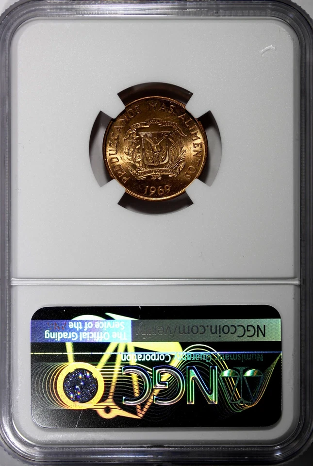 Dominican Republic Bronze 1969 1 Centavo NGC 64 RD F.A.O. RED TONING KM# 32 (02) - Image 3 of 4