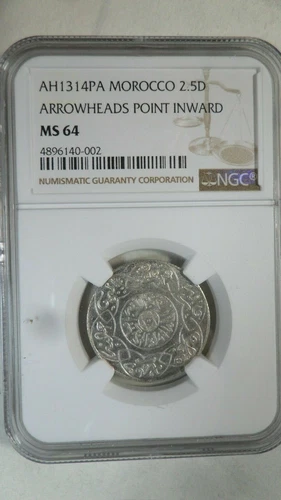 Morocco 2.5 Dirhams, AH 1314 / 1896 1897 / Paris, NGC MS 64