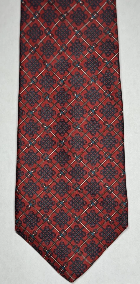 Corbata vintage Burt Pulitzer, 100 % seda, estampado geométrico rojo, negocios, Preppy Foto 2 de 3