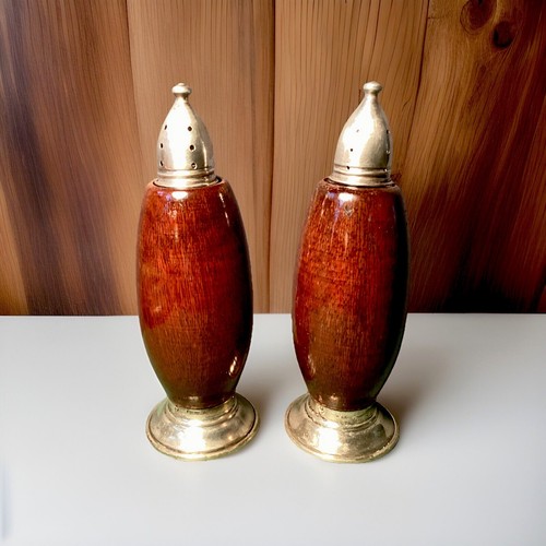 Antique Sterling Silver & Mahogany Encased Glass 5.5 Inch Salt & Pepper Shakers - Picture 7 of 13