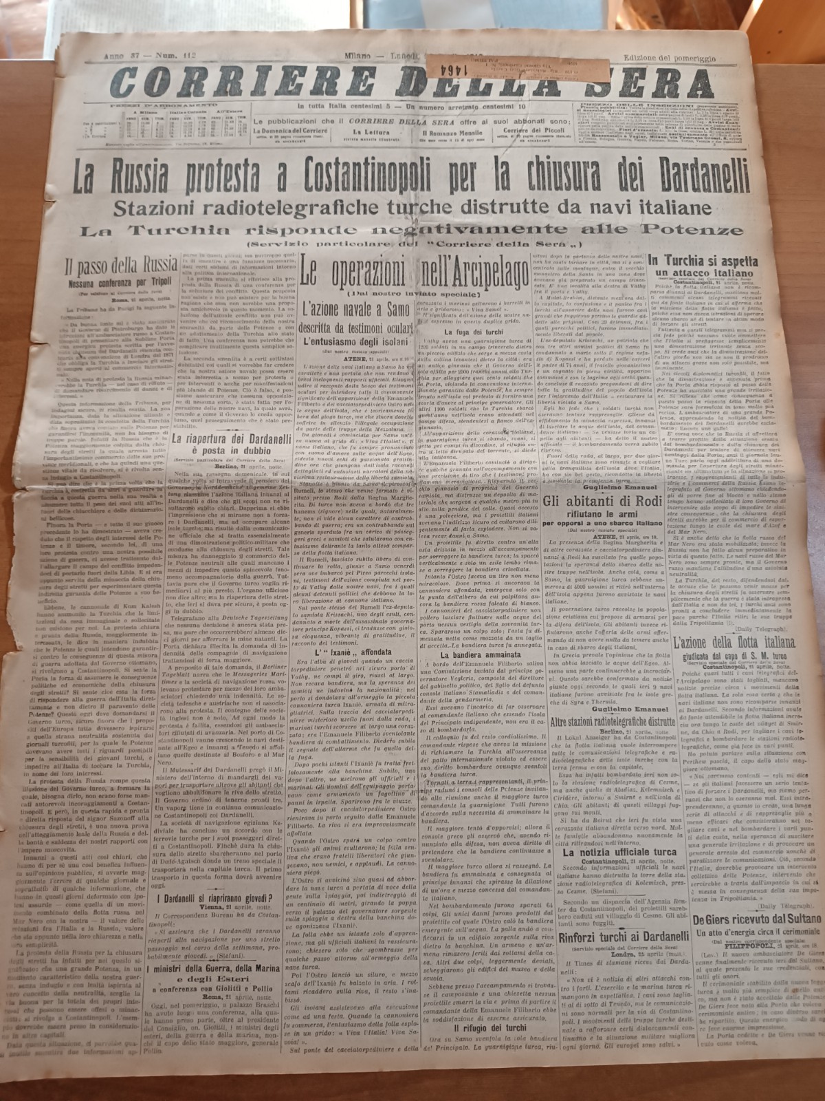 CORRIERE della SERA 22/4/1912 La Russia protesta per la chiusura dei Dardanelli