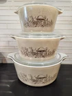 3 VTG Pyrex Forest Fancies Mushroom Covered Casserole Set w Lids  473B 474B 475B
