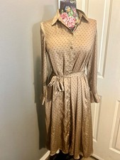 Zara Satin Polka Dot Button-Down Midi Shirt Dress Tan/Black Size Small