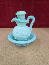 Vintage Avon Milk Glass Pitcher And Bowl Jadeite Blue Green With Roses Stopper