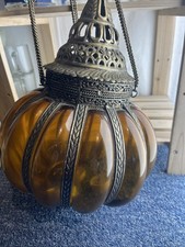 Moroccan Style Hanging Lantern Amber Glass & Metal Vintage Candle Holder