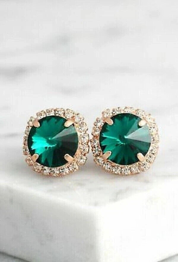 3Ct Lab Created Diamond Green Emerald Halo Stud Earrings 14K Yellow Gold Finish