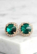 3Ct Lab Created Diamond Green Emerald Halo Stud Earrings 14K Yellow Gold Finish