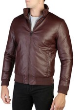 ALESSANDRO DELL'ACQUA Bomber Jacket Faux Leather Insulated Burgundy 46/M Ribbed