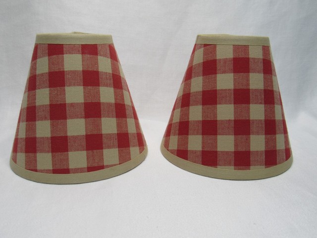 2 Mini Clip On Lampshade Lamp Shade Red Tan Plaid Primitive Cottage Country