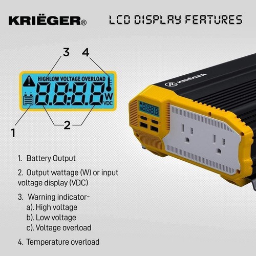 Inversor de potencia KR1100 KRIEGER 1100 vatios 12 V tomas de CA dobles 110 V - Imagen 2 de 4