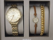NEW FOSSIL 3 PC SET GOLD TONE WATCH+2 BRACELETS,BROWN CORD,BEADED,PAVE,BQ3153SET