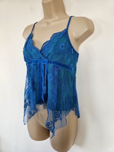 90s BAY TRADING Turquoise Teal LACE Layered Strappy Vest S UK 10 Cami Top Ribbon - Picture 4 of 24