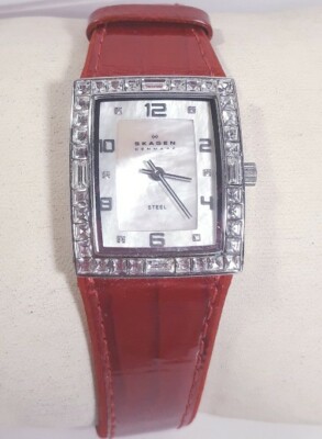 Skagen Denmark Watch 527sslr8a Silver Case Red Leather Band Mop Face Crystal New