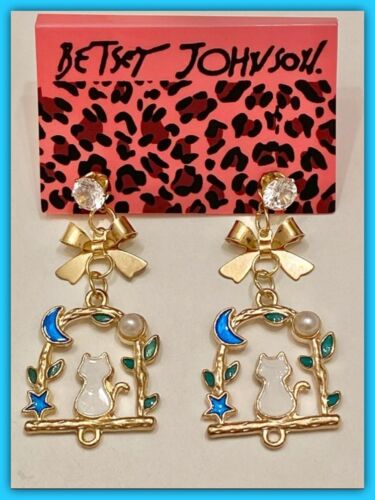 Betsey Johnson Blue Enamel Crystal Bow Pearl Kitty Cat Dangle Earrings NWT