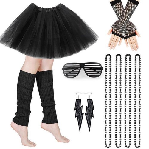Neon Fancy Dress Ladies 80s Costume Set Tutu Skirt Gloves Earring Glasses Beads - Picture 11 of 11