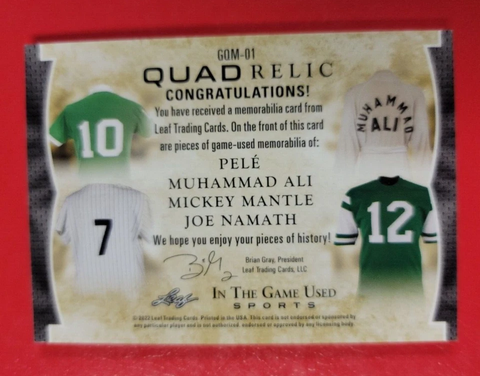 MUHAMMAD ALI PELE MICKEY MANTLE Joe Namath 4 GAME USED JERSEY CARD #d28/35 - Image 2 of 3