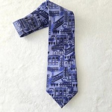 Vintage 90s NYC Silk Tie Metropolitan Museum of Art City Novelty Print Blue Mens