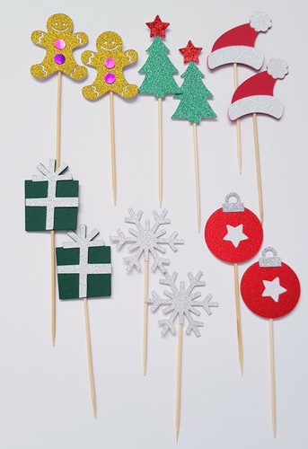 12 CHRISTMAS Cupcake Toppers Picks Glitter Santa Gingerbread Man Snowflake Tree - Picture 2 of 8