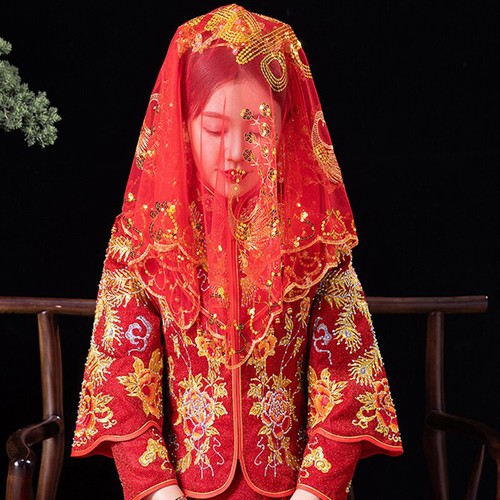 Red Bridal Veil Semi-Transparent Head Veil Chinese Wedding Embroidery Shiny Chic - Picture 9 of 12