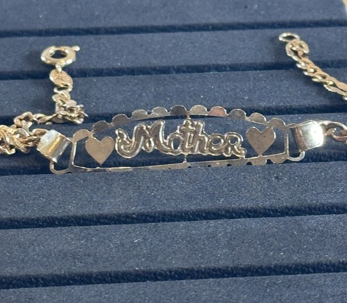 BRACCIALE ID MAGLIA CUBANA RIEMPITO ORO 18K 7,5 POLLICI (MADRE) CON CUORI TIMBRATI M - Foto 2 di 8