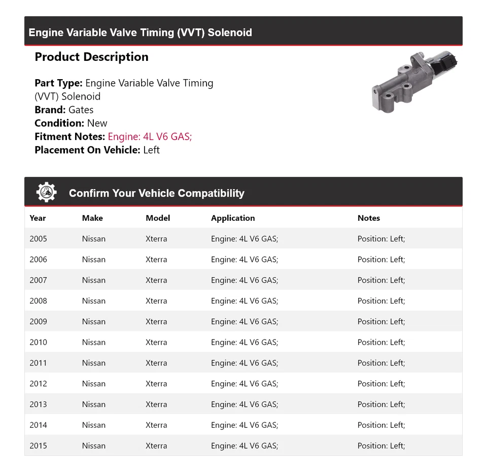 Para Nissan Xterra 2005-2015 4L V6 Motor Gas VVT Solenoide Puertas Izquierdas 2006 2007 Foto 2 de 4