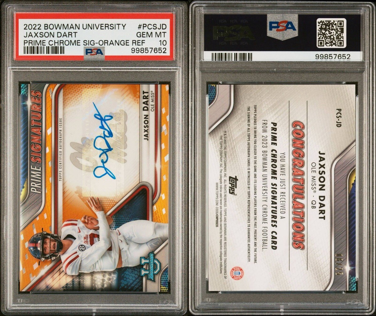 Jaxson Dart Autograph Bowman U 1st /25 PSA 10 Ole Miss