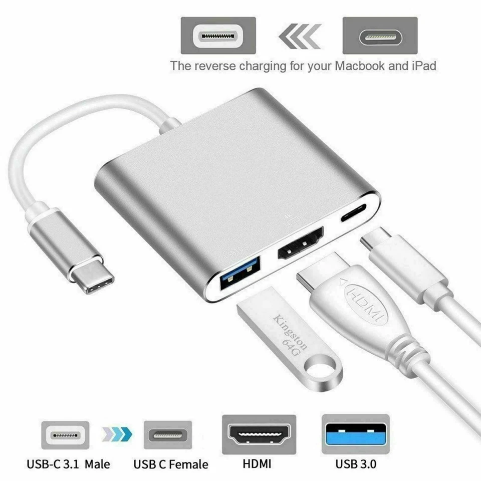 Type C USB 3.1 to USB-C 3.0 4K HDMI Adapter Cable 3 in 1 For Android LG Samsung - Image 4 of 4