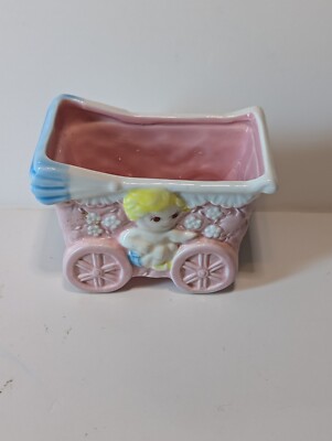 Vintage Baby Nursery Planter Stroller Carriage Blue White Yellow Pink 3''x5''