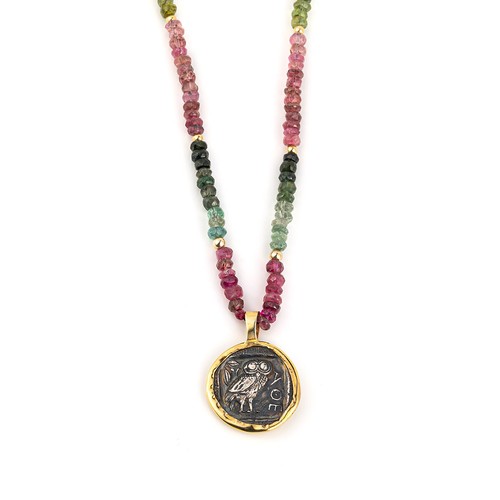 Athena Göttin Halskette in 14K Gold & Sterlingsilber mit Turmalinen, antik - Bild 2 von 6