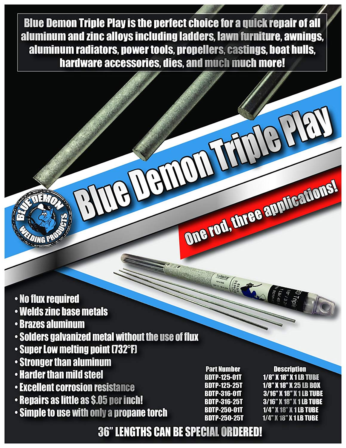 Blue Demon BDTP12501T Triple Play Low Temp AluminumZinc Brazing Rod