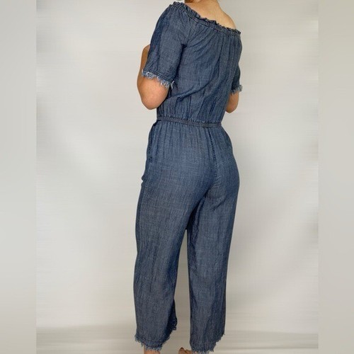 TRINA TURK Chambray Off The Shoulder Jumpsuit Denim Raw Hem Fray Linen Boho - Bild 6 von 11