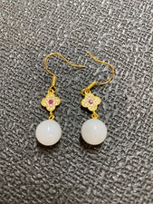 NEW HIGHEND*RARE*GORGEOUS HETIAN WHITE JADE稀有天然和田玉白玉 GOLDS925/银镀金 EARRINGS!!