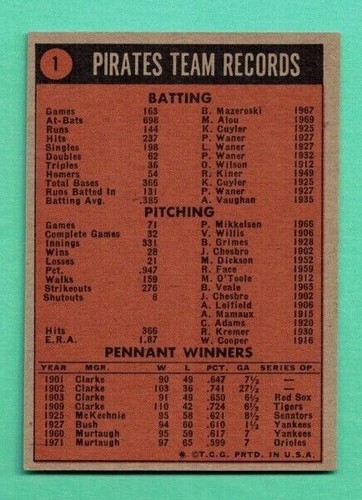 (1) TEAM PHOTO 1972 TOPPS # 1 PIRATES CHAMPIONS EX-MT CARD (F4071) - Picture 2 of 2