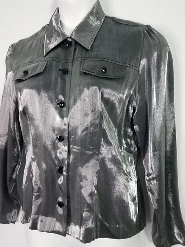 D.J. SUMMERS Disco 80's Women's Sz 12 Shirt Gray Shiny Satin Collar Buttons USA