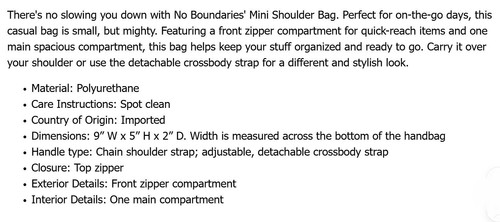 Mini bolso de hombro ajustable No Boundaries de cuero sintético para mujer, negro - Imagen 5 de 5