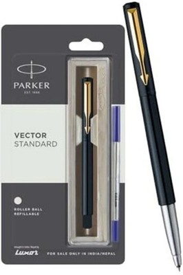 Parker Vector Standard Gold Trim Roller Ball Pen | Ink Color - Blue | Black Body