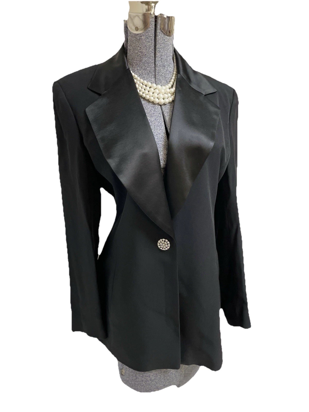 Austin Reed Blazer Size 10 Black Jacket Satin Lapel Rhinestone Closure Pockets