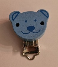 Pacifier Clip Wooden "Teddy" Blue NEW