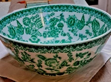 Vintage large Green &white porcelain floral bowl-Decor